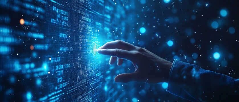 A hand touches a glowing stream of digital data against a blue background &mdash; an interactive backdrop for topics such as big data, AI and human-machine interaction.