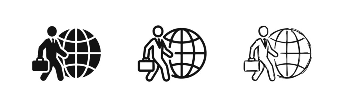 Global business icon set depicting a businessman with a briefcase walking next to a globe in three distinct styles.