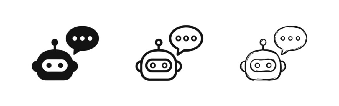 Chatbot icon set featuring a robot head with a speech bubble in silhouette, line, and hand-drawn graphic styles.