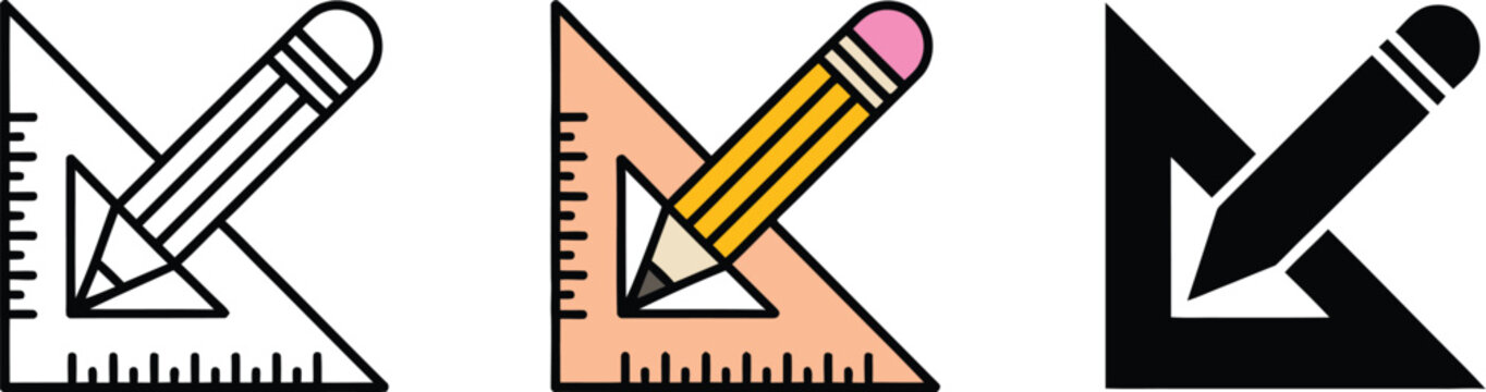 Pencil with triangle ruler icon, vector illustration for education, drafting, geometry tools, architecture and school stationery design elements.