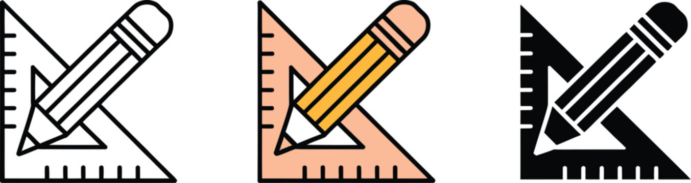 Pencil with triangle ruler icon, vector illustration for education, drafting, geometry tools, architecture and school stationery design elements.