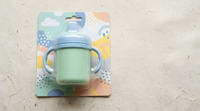 Sippy cup on colorful packaging for baby or toddler