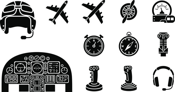 Black silhouette icons of aviation and space exploration equipment