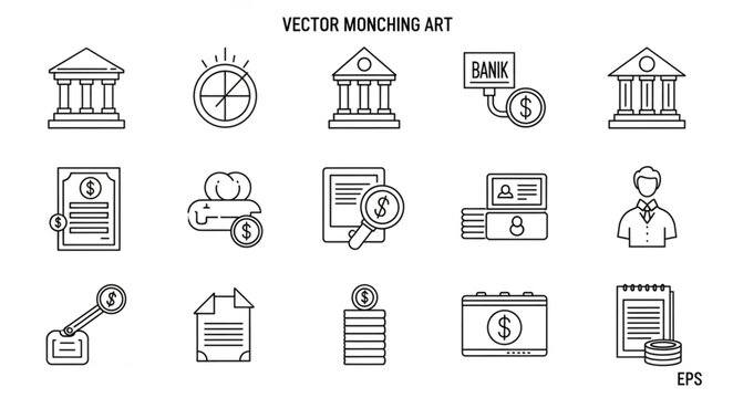 Monochrome vector art of financial institutions and banking elements.