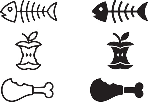 food waste icons set fish bone apple core chicken drumstick symbols vector illustration