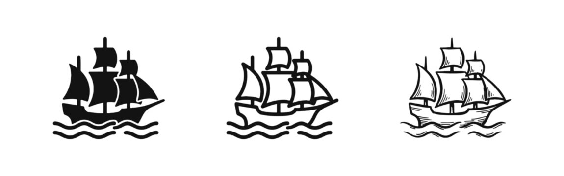 Sailing ship icon set featuring an old wooden vessel on waves in silhouette, line, and hand-drawn illustration styles.