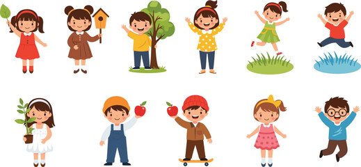 Cute children character set featuring happy boys and girls playing with nature jumping and holding apples for school education vector illustration. © Maslima