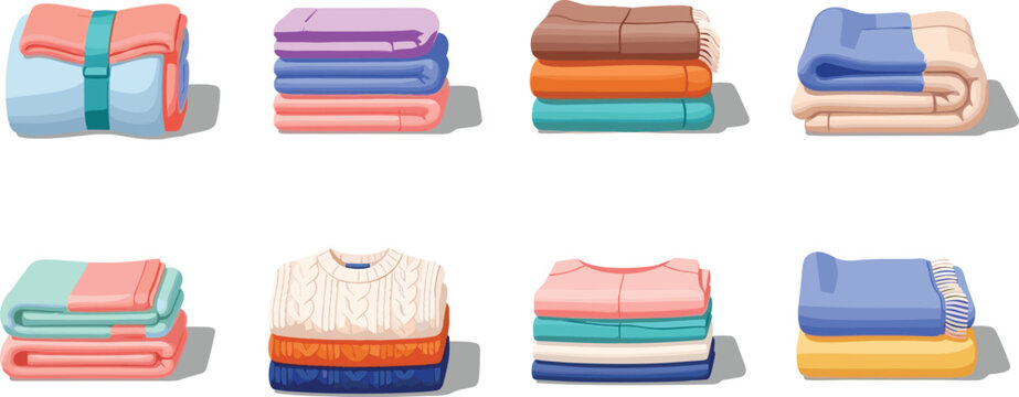 Collection of neatly folded colorful blankets and cozy winter sweaters icon set for home organization and laundry service vector illustration isolated on white.