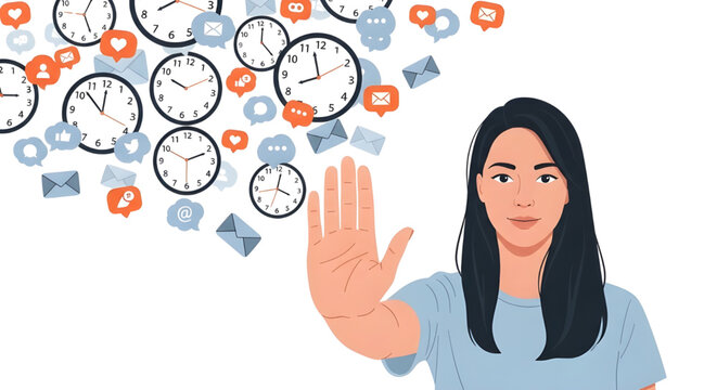 Young Woman Making Stop Gesture to Social Media Icons, Clocks, and Emails, Inclusive Mental Health Vector