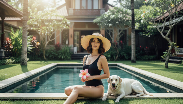Beautiful woman relaxing poolside with dog in Bali villa