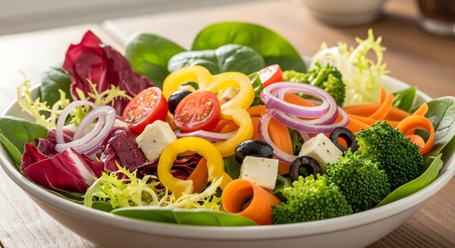 Vibrant fresh salad bowl filled with spinach, cherry tomatoes, bell pepper rings, red onion, carrot ribbons, broccoli florets, olives and feta cubes, showcasing colorful healthy eating, vegetarian cui