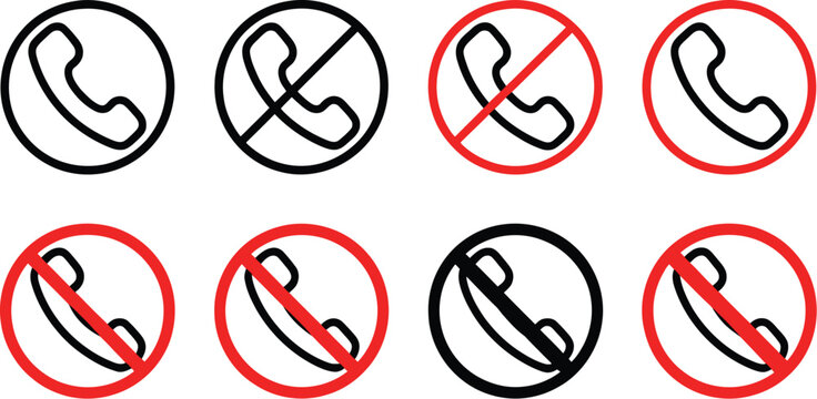 Phone calling not allowed symbol set, call ban sign, off the phone warning icon, noise forbidden label and prohibition sticker vector collection for restricted area rules and public safety design.