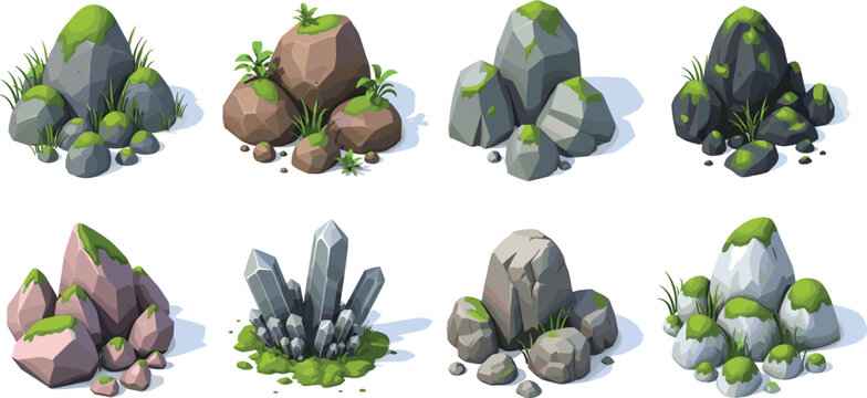 Collection of mossy rocks boulders and crystal formations icon set for nature landscape and fantasy game environment design vector illustration.