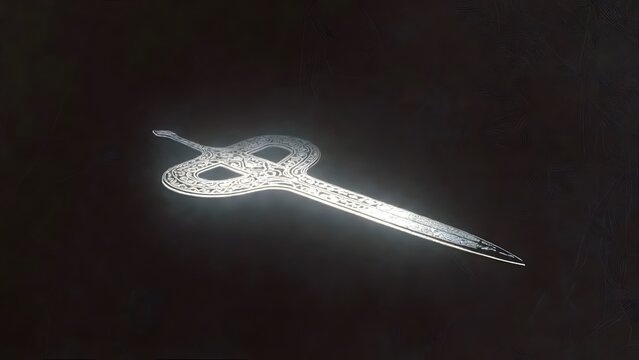 Ancient silver dagger with ornate celtic engravings glowing brightly in deep black space.