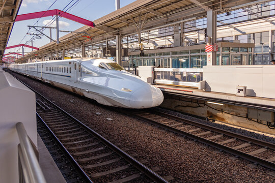 Tokyo, Japan - January 9, 2026:  White Shinkansen bullet train at Tokyo Train Station platform.