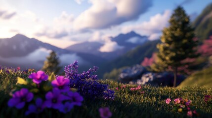 Fototapeta premium Vibrant flowers bloom in a lush meadow with trees, mountains, and a cloudy sky in the background landscape.