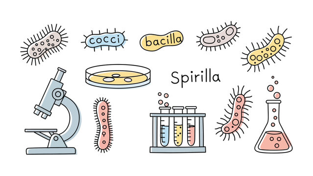 Microscopic Wonders: An illustrated depiction of the fascinating world of microbes, showcasing various bacterial forms, laboratory equipment, and the essence of scientific inquiry.