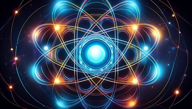 atom symbol with orbiting electrons representing science and academic subjects academic technology