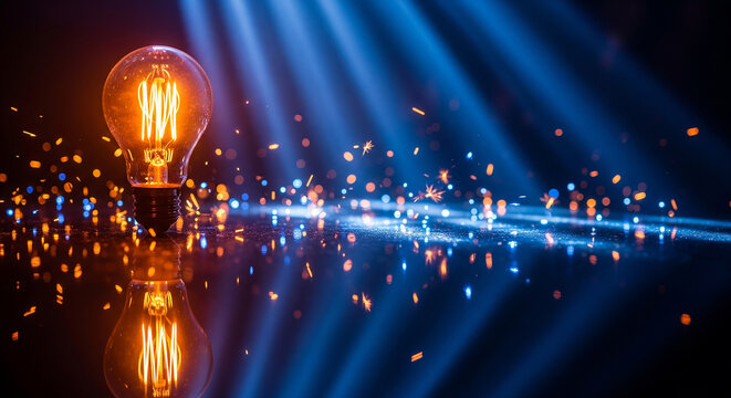 Bright glowing lightbulb with sparks on a reflective blue surface perfectly for conceptualizing futuristic ideas and smart solutions
