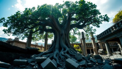 Obraz premium A large tree grows through broken pavement.