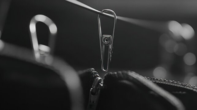 Close up of a silver clasp being attached to a black object against a dark background