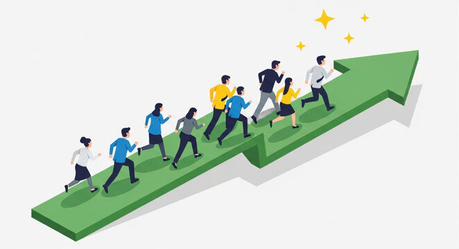Diverse group of people running up a green arrow graph symbolizing success and growth.