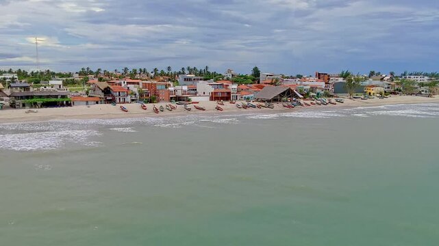 Panoramic View of Fishing Boats Lined Up on Northeast Brazil Beach village.