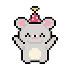 Obraz premium Pixel art cute grey mouse with party hat celebration graphics