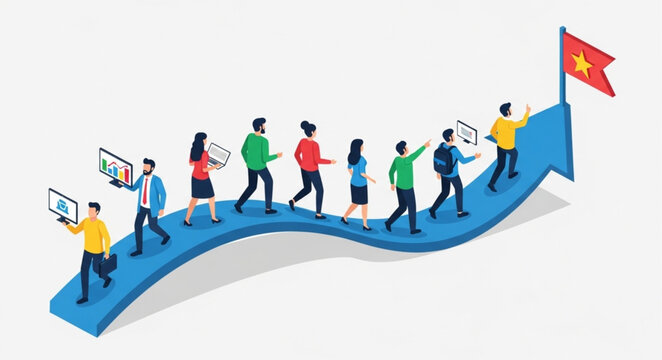 Diverse group of people walking up an upward trending arrow towards a flag.