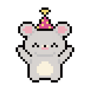 Pixel art cute grey mouse with party hat celebration graphics