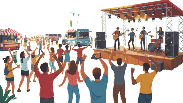 Colorful group of happy people dancing and celebrating at a lively outdoor festival Vector