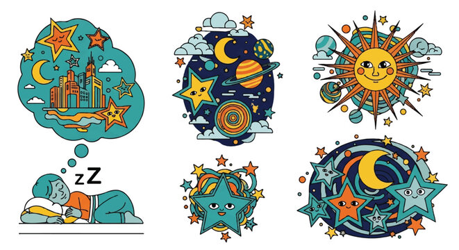 Dreaming boy and celestial illustrations in vector style