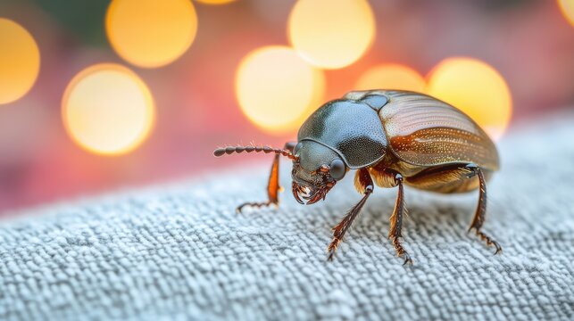 Close up of a June beetle exploring textured fabric