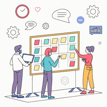 Team collaboration on a kanban task board with sticky notes and digital devices for project management and brainstorming collaboration workflow brainstorm teamwork strategy planning business