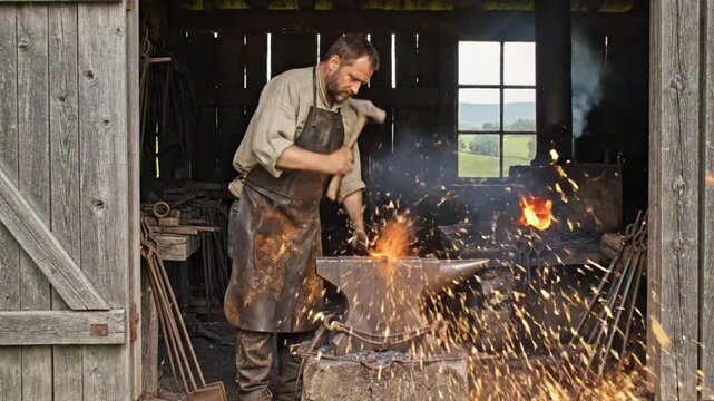 Blacksmith shaping metal on an anvil with sparks flying in his rustic workshop on a bright sunny day