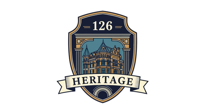 Heritage emblem with building logo.