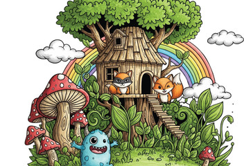 Naklejka premium Fantasy Treehouse with Foxes Mushroom Monster and Rainbow Illustration