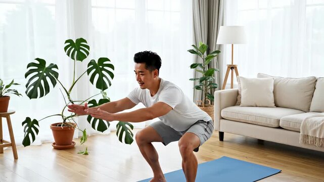 Fit Asian man exercising at home with bodyweight movements. A person doing squats on a yoga mat in a bright living room. Wellness and strength training concept