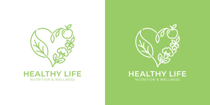 Healthy life logo heart shape with fruits and leaves