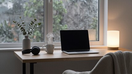 Fototapeta premium Rainy Day Desk with Coffee