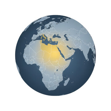Globe map with highlighted middle east and north africa isolated on a transparent background