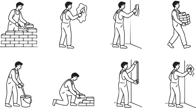 Male Mason Vector Illustration Set - Man Bricklayer and Construction Work