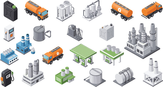 Industrial Oil and Gas Sector Isometric Vector Set with Petroleum Refineries, Fuel Tanker Trucks, Petrol Stations, Storage Reservoirs, Gas Pumps, and Chemical Processing Plant Infrastructure