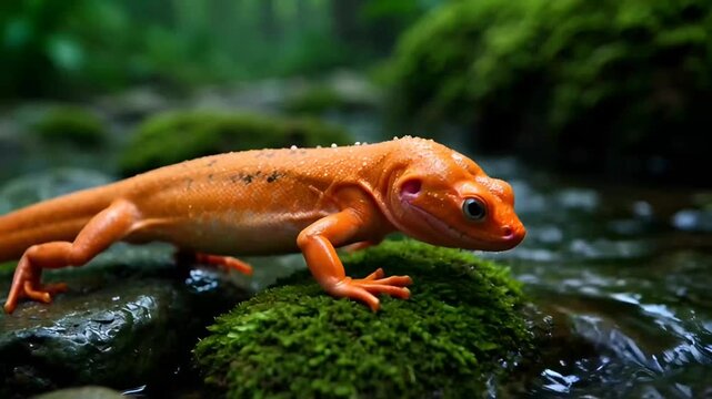 Vibrant Orange Salamander Crawling On Mossy Rocks In Forest Stream