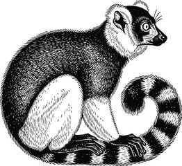 Vintage illustration of a ring tailed lemur in a curled position © ALO