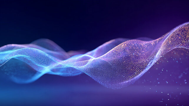 fluid wave made of digital particles and lines, smooth motion design, blue and violet gradient lighting, minimal abstract AI background