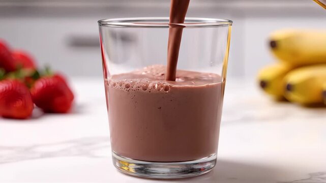 Protein shake being poured into a glass. Thick, smooth chocolate banana strawberry smoothie for a healthy breakfast. Fresh fruit in a kitchen setting