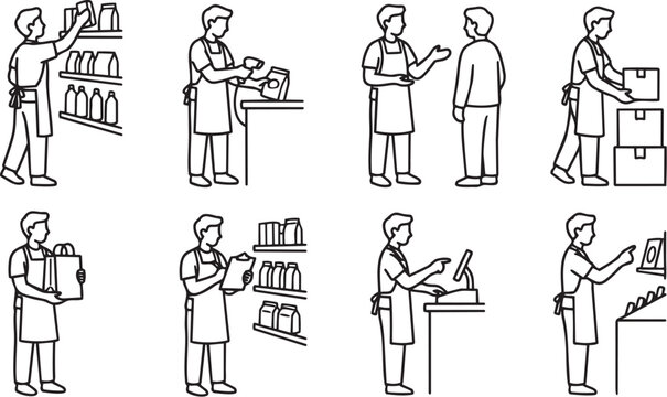 Supermarket Worker and Cashier Retail Service vector illustration set 