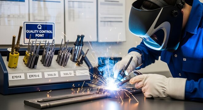 Professional Welder in Blue Uniform and Auto-Darkening Helmet TIG Welding Steel Plate with Sparks at Industrial Quality Control Point Workstation with E7018 ER70-6 308LSi Electrode Classification Labe