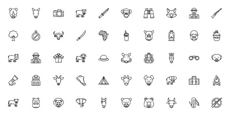 Safari icon set. Africa wildlife vector icons. Includes rhino, lion, elephant, giraffe, zebra, monkey, binoculars, camera, compass, backpack, tent and more. Editable stroke. © wang